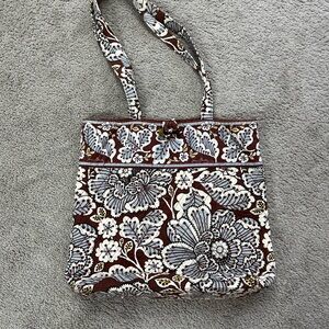 Vera Bradley Brown and White Quilted Shoulder Bag with Floral Pattern